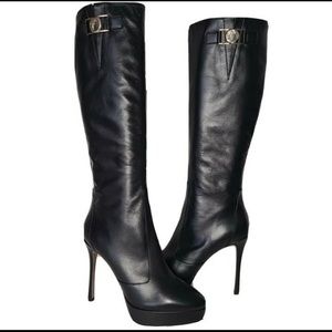 BLACK LEATHER  GOLD TONE MEDUSA HEAD PLATFORM BOOT